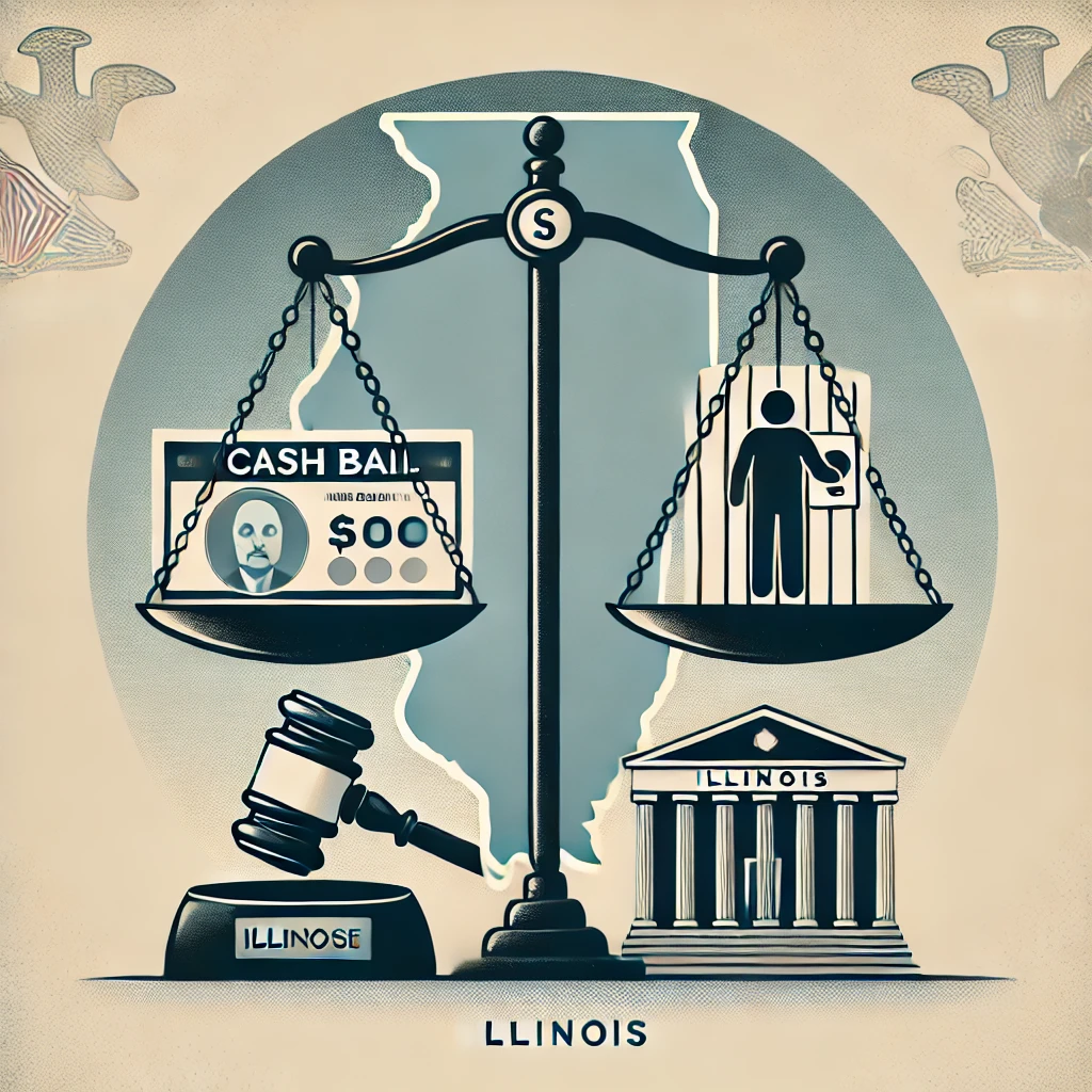 Representation Based on the Topic of Bail Reform in Illinois. The Image Illustrates the Transition From Monetary Bail to Non-Monetary Pretrial Release.