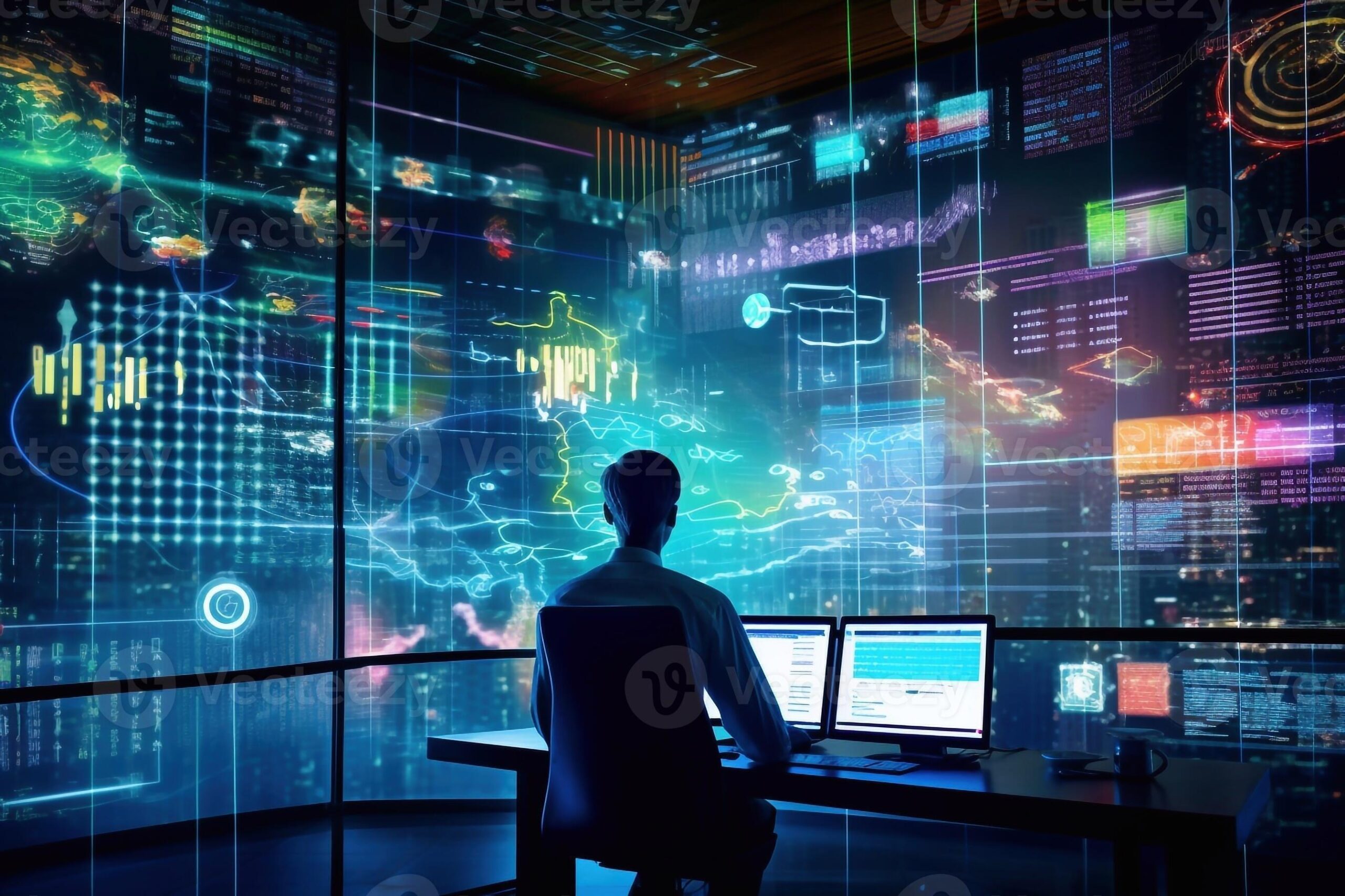 IT professionals monitoring municipal website performance and uptime in a government control room